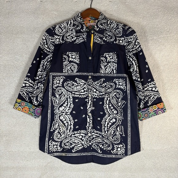 TIZZIE  All‎ Over Print Cape Cod Bandanna Navy Shirt Button Up Flip Cuff Size M - Picture 1 of 12